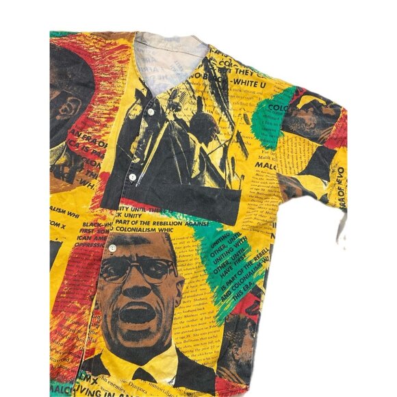 Vintage 1990s Malcolm X All Over Print Jersey Button Up Black History Sz XL USA - Picture 2 of 6